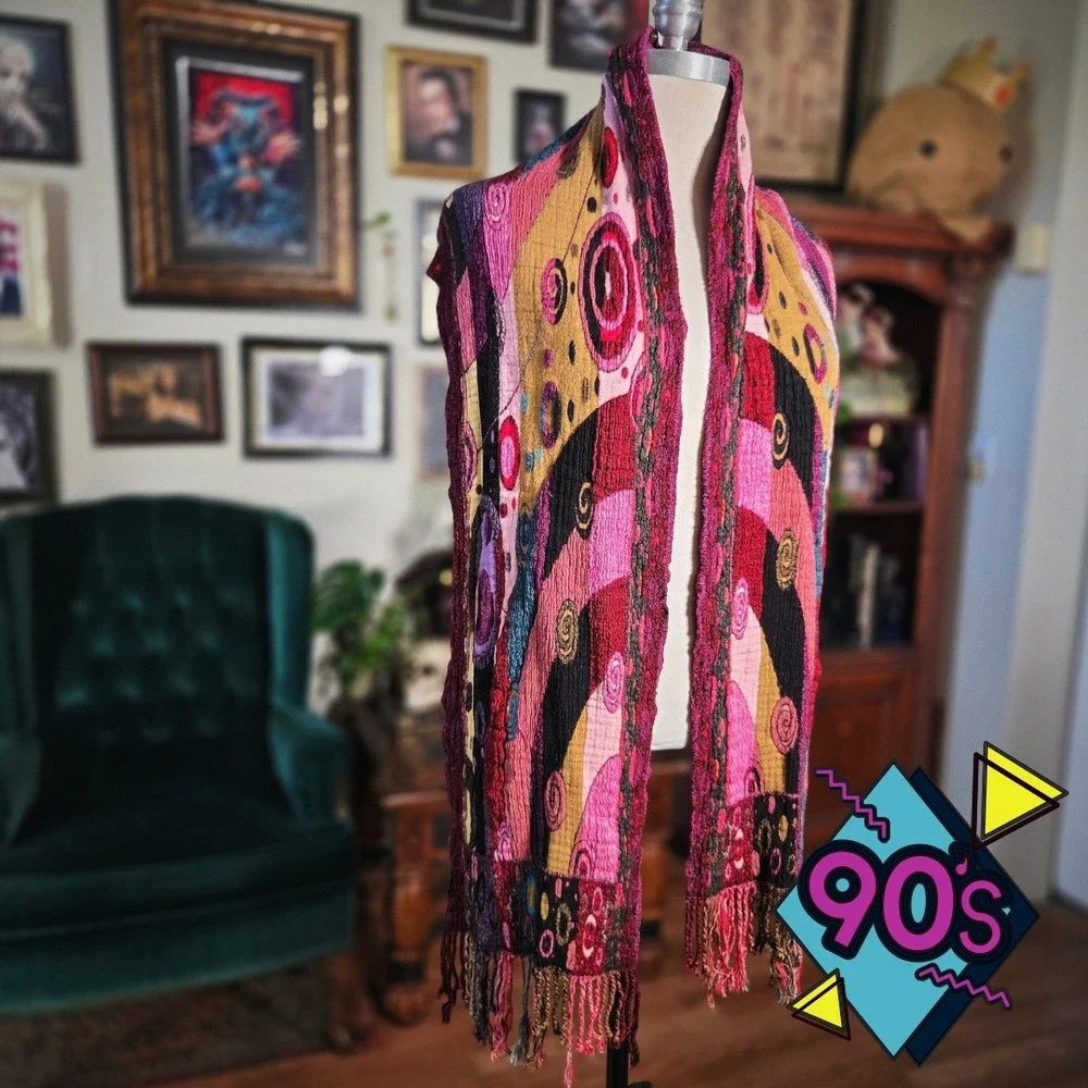 Vintage 90s Chelsey II Abstract Knit Scarf Wrap Magenta Multi Color Boho Fringe
